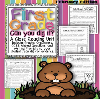 Preview of 1st Grade Presidents' Day & February Themes Close Reading Passages Comprehension