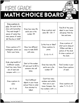 homework choice board first grade