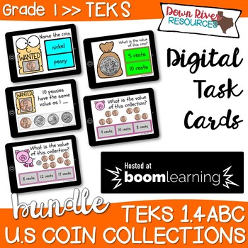 Preview of First Grade Coin Bundle TEKS Boom Cards | First Grade Boom Card Bundle for Coins