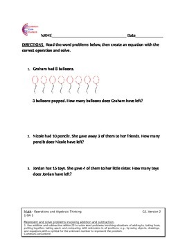 Preview of 1.OA.1 Word Problem First Grade Common Core Math Worksheet