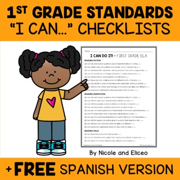 Preview of First Grade Common Core Standards I Can Statement Checklists 2 + FREE Spanish