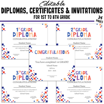 Preview of First Grade Completion Certificate, 1st-8th Grade Diplomas & Invitations