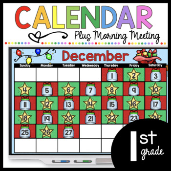 Preview of First Grade December Calendar morning meeting Digital Google Slides Phonics SEL