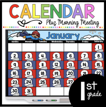 Preview of First Grade January Calendar morning meeting Digital Google Slides Phonics SEL