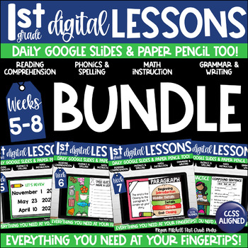 Preview of First Grade Digital & Paper Lesson Plans Bundle Weeks 5-8 Google Slides