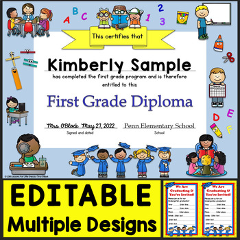 Preview of Editable Diplomas, Certificates, Graduation Invitations for Grade 1 First Grade