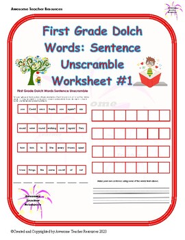Preview of First Grade Dolch Words Sentence Unscramble Worksheet #1