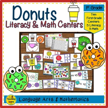 Preview of First Grade Donuts Themed Literacy & Math Centers & Activities