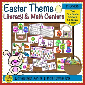 Preview of First Grade Easter Themed Literacy & Math Centers & Activities