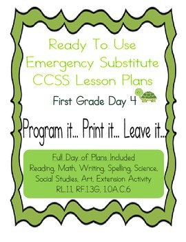 Preview of First Grade Editable CCSS No Prep Substitute, Emergency Lesson Plans Day 4