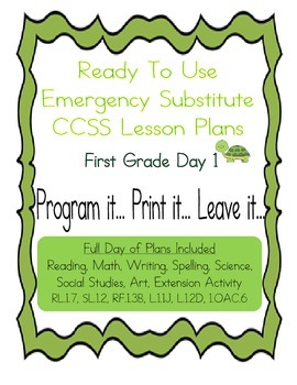 Preview of First Grade No Prep Editable CCSS Substitute, Emergency Lesson Plans, Day 1