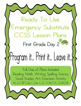 Preview of First Grade Editable No Prep CCSS Substitute, Emergency Lesson Plans,  Day 2