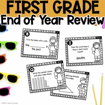 Preview of 1st Grade End of Year Review Activity - Summer Reading & Math Task Cards