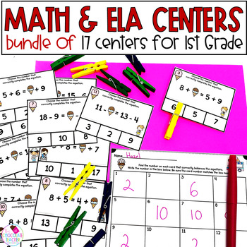 Preview of First Grade End of the Year Review - Math Centers - Literacy Centers - BUNDLE