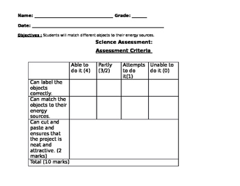 Preview of First Grade Energy Assessment Cut-and-Paste Activity