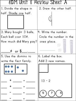 first grade everyday math unit 8 part a review sheets by