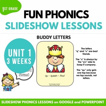 Preview of First Grade Phonics Lesson Unit 1 Slideshow with Google Slides and Power Point