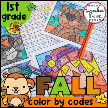 Preview of Fall Math math color by codes | First grade math worksheets