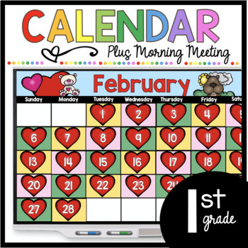 Preview of First Grade February Calendar Valentine's Day Digital Google Slides Phonics SEL