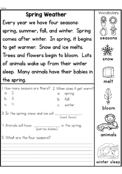 First Grade March Reading Comprehension Passages by Happy Class Goals