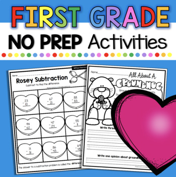 Preview of First Grade February Worksheets Printables No Prep Valentine's Day President's