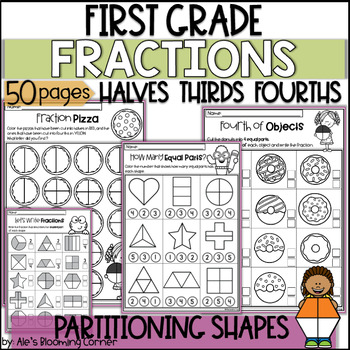 Preview of First Grade Fractions Worksheets and Partitioning Shapes Halves Thirds Fourths