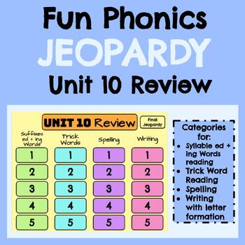 Preview of First Grade Fun Phonics Jeopardy Review Game: Unit 10 (Suffixes ed and ing)