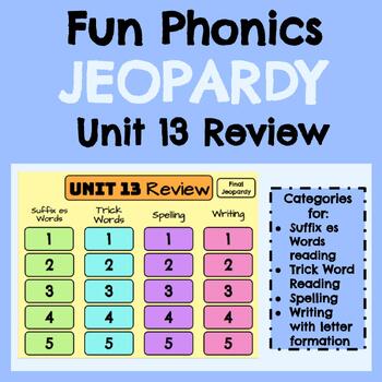 Preview of First Grade Fun Phonics Jeopardy Review Game: Unit 13 (Suffix es)