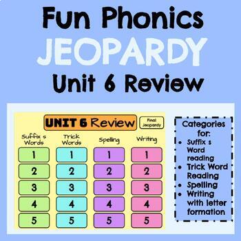 Preview of First Grade Fun Phonics Jeopardy Review Game: Unit 6 (Suffix s)
