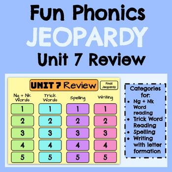 Preview of First Grade Fun Phonics Jeopardy Review Game: Unit 7 (NK + NG glued sounds)