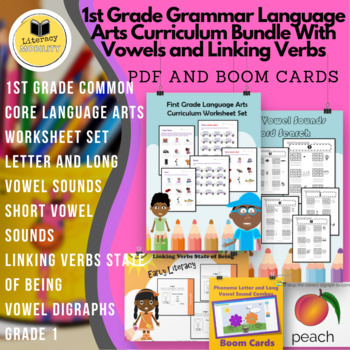 Preview of First Grade Grammar Language Arts Curriculum Bundle Vowels and Linking Verbs