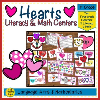 Preview of First Grade Hearts Themed Literacy & Math Centers & Activities