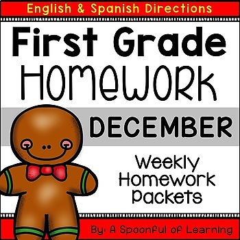 Preview of First Grade Homework - December (English and Spanish Directions)