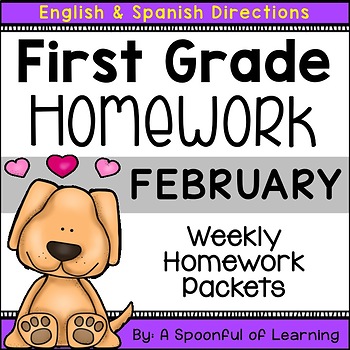 Preview of First Grade Homework - February (English and Spanish Directions)