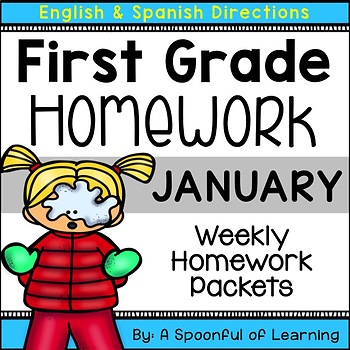 Preview of First Grade Homework - January (English and Spanish Directions)