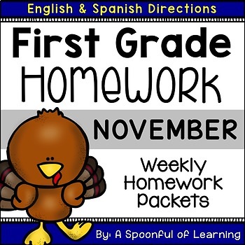 Preview of First Grade Homework - November (English and Spanish Directions)