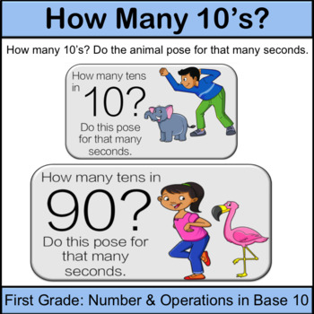 Preview of First Grade: How Many 10’s? Math Center (Animal Pose)