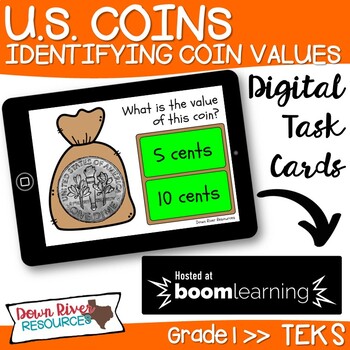 Preview of First Grade Identify Coin Values TEKS Boom Cards | First Grade Distance Learning