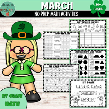 Preview of First Grade MARCH Math Activity Packet | St. Patrick's Day Activities | No Prep
