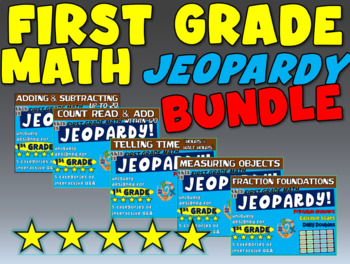 Preview of First Grade MATH JEOPARDY BUNDLE - Counting, Adding, Telling Time, Measuring