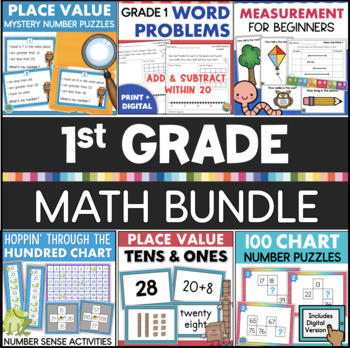 Preview of 1st Grade Math BUNDLE Activities Worksheets Task Cards Games Stations Centers