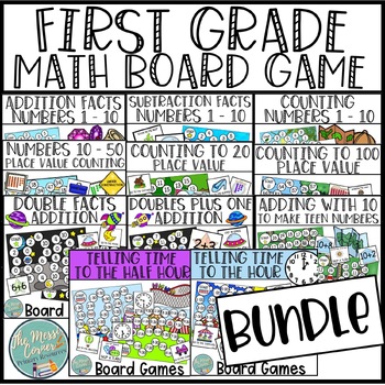 Preview of First Grade Math Board Game Mega Bundle - Adding, Subtracting, Place Value, Time