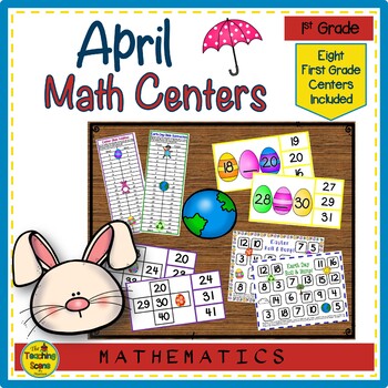 Preview of First Grade April Math Centers: Math Facts, Ten Frames, Number Order & More