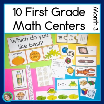 Preview of First Grade Math Centers Bundle Measurement Add Subtract Shapes Graphs Month 3
