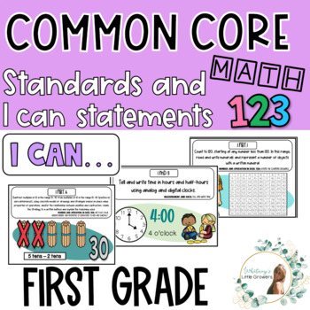 Preview of First Grade Math Common Core Standards and I Can Statements! With Pics