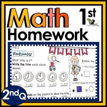 Preview of First Grade Weekly Math Homework Worksheets and Spiral Review Activities - 2nd Q