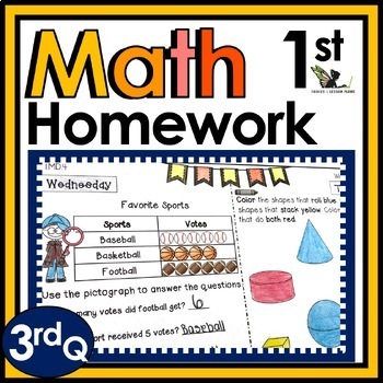 Preview of First Grade Weekly Math Homework Worksheets and Spiral Review Activities - 3rd Q