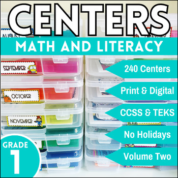 Preview of First Grade Math & Literacy Centers Printable & Digital Activities NO Holidays