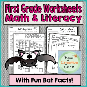 Preview of First Grade Math & Literacy Worksheets with Fun Bat Facts!