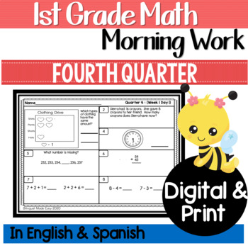 Preview of First Grade Math Morning Work in English & Spanish 4th Quarter DIGITAL & PRINT